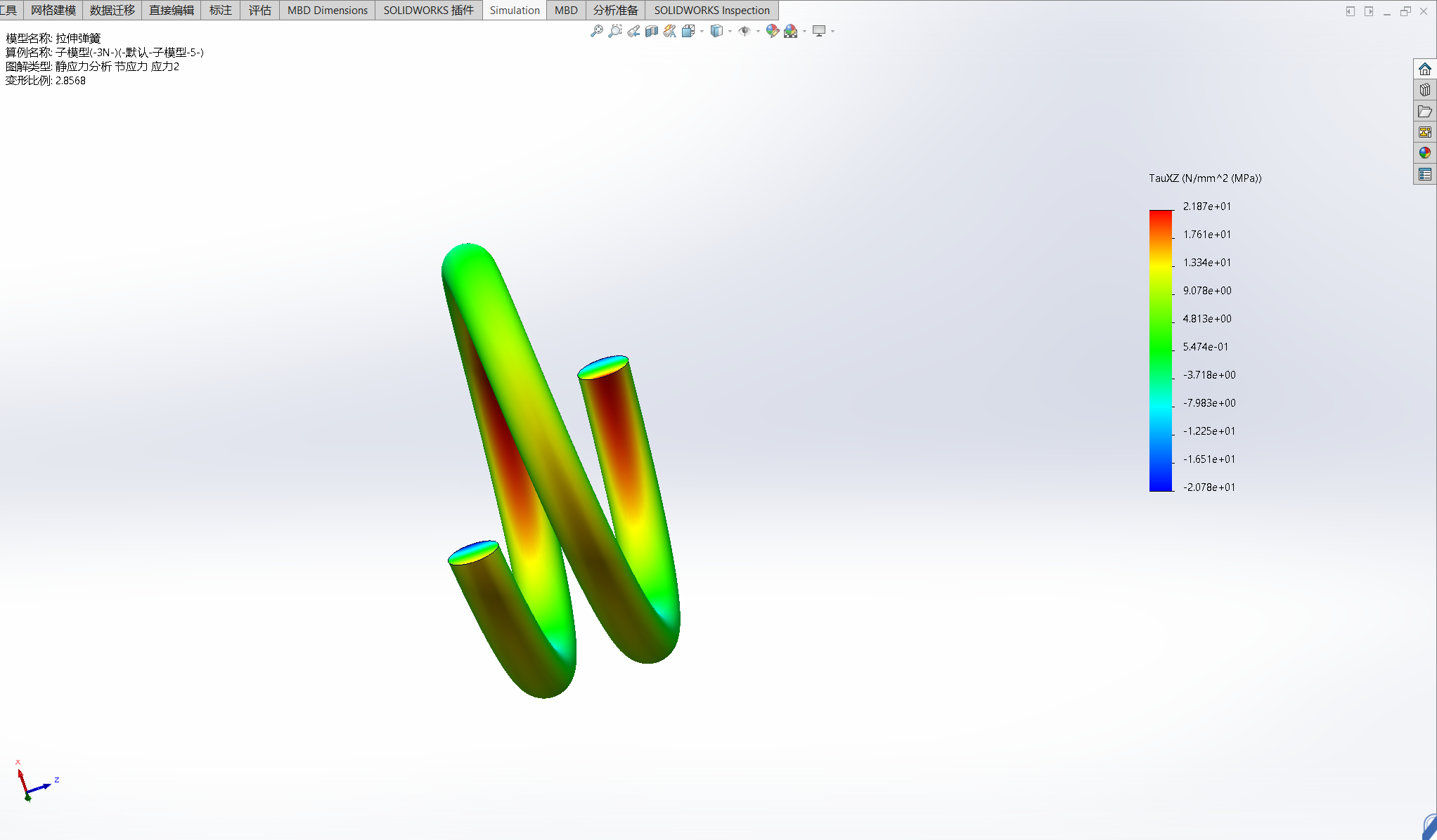 子模型3N力下的弹簧切向应力